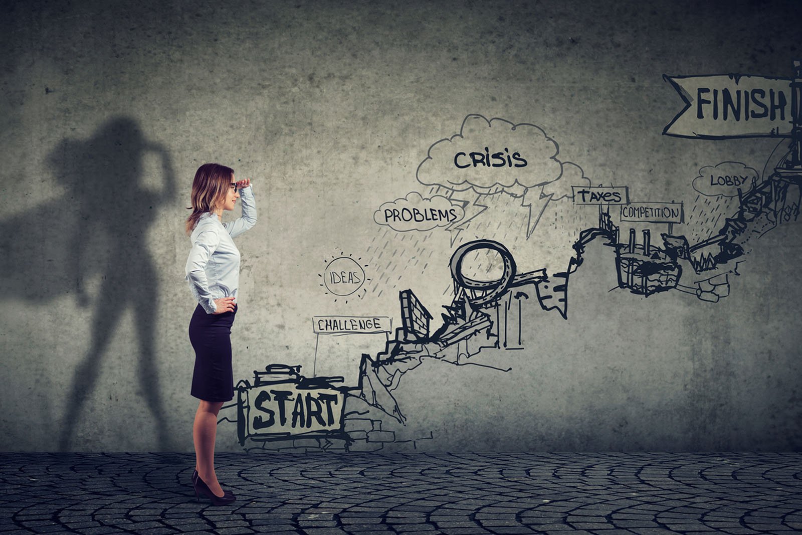 Business Career Challenges Concept. Businesswoman Imagining To B